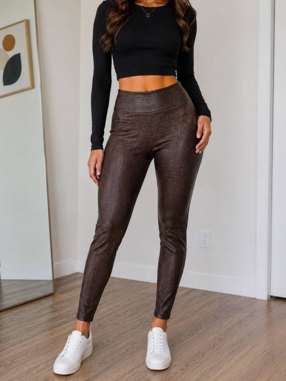 Womens Faux Leather Croc Print Leggings By Ookie & Lala - Brown